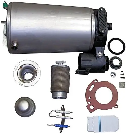 BOSCH Wärmeblock, metallisches Gehäuse mit Verbindungselementen, Gummidichtungen und verschiedenen Montageschrauben, für Heizsysteme oder ähnliche Anwendungen.